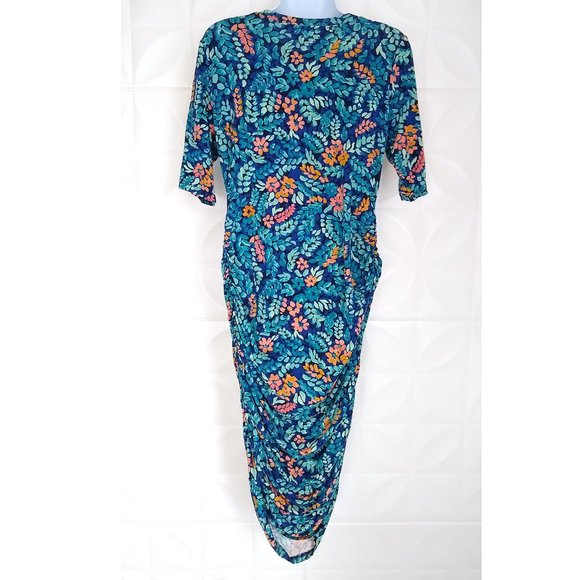 Motherhood Maternity Rushed Stretch Knit DRESS Midi Floral Blue Rayon Spandex M - Picture 6 of 12